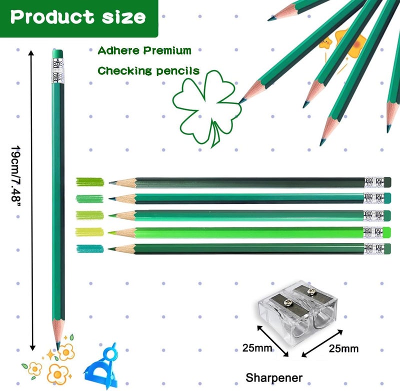 Adhere 25pcs Checking Pencils Erasable colored Pencils Pre-Sharpened #2 HB,for Checking Tests Grading,Map Coloring, editing Office Favors,including a Free sharpener. (Mixed Green) - Image 2